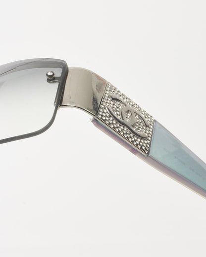 Chanel Blue Silver Iridescent & Pavé Shield Logo 4117-B Sunglasses