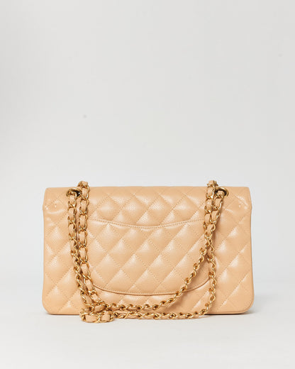 Chanel Beige Claire Caviar Leather Medium Classic Flap GHW