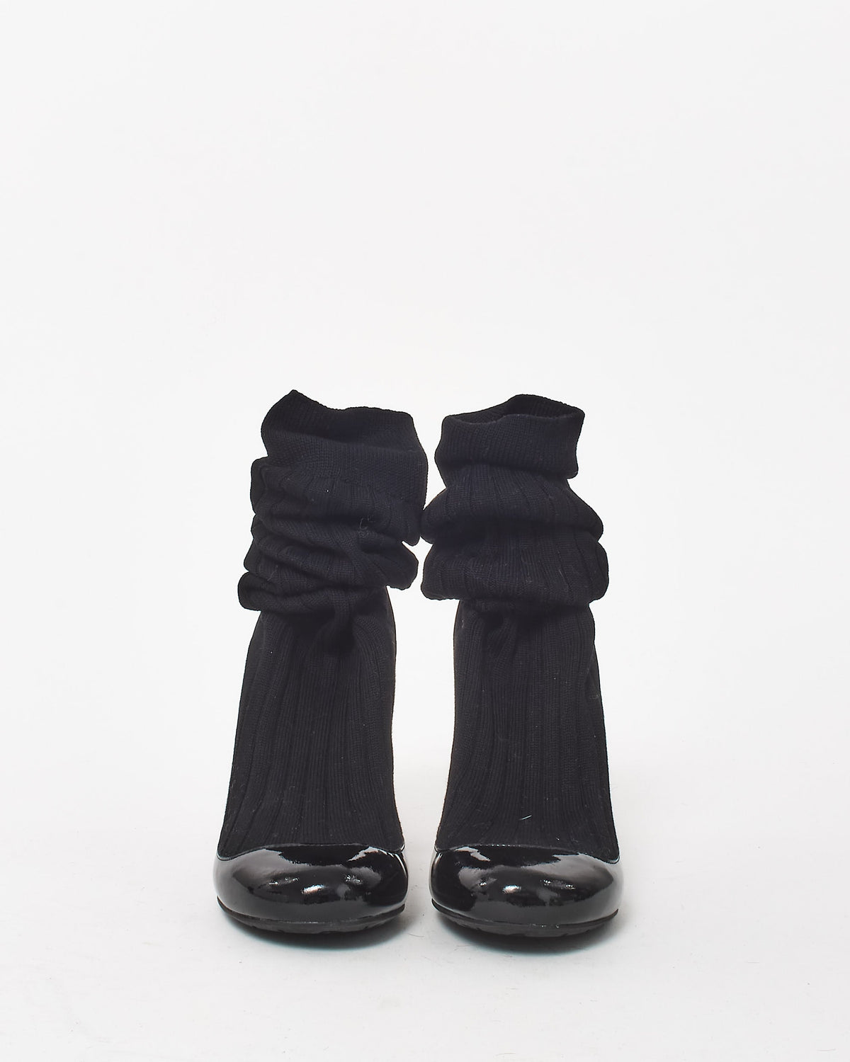 Chanel Black Knit Sock & Patent Leather Stiletto Boots - 35