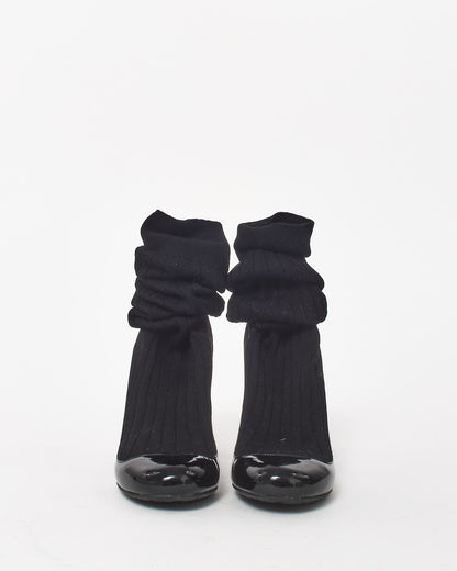 Chanel Black Knit Sock & Patent Leather Stiletto Boots - 35