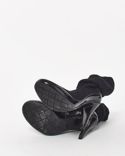 Chanel Black Knit Sock & Patent Leather Stiletto Boots - 35