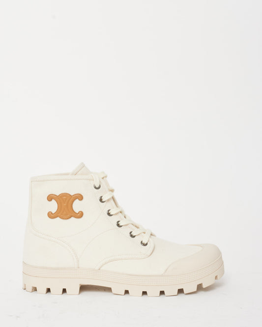 Celine Cream Canvas & Brown Triomphe Logo Patapans Boots - 41