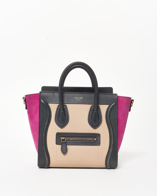 Celine Fuchsia Suede Black & Taupe Nano Luggage Tote WITH/ Out Strap