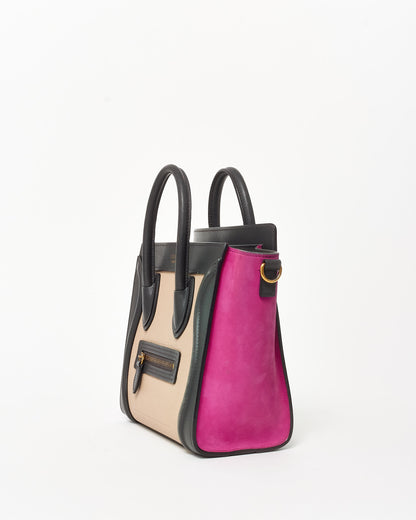 Celine Fuchsia Suede Black & Taupe Nano Luggage Tote WITH/ Out Strap