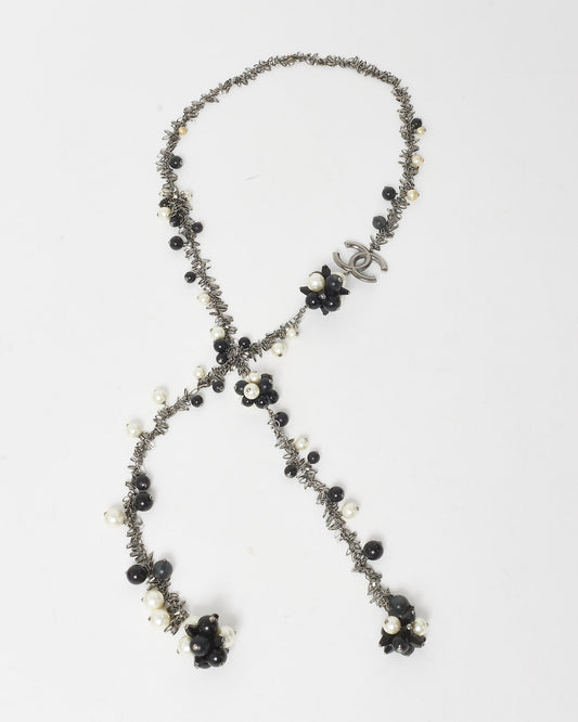 Chanel Black & White Faux Pearl Silver-Toned Chain Flower CC Logo Long Necklace