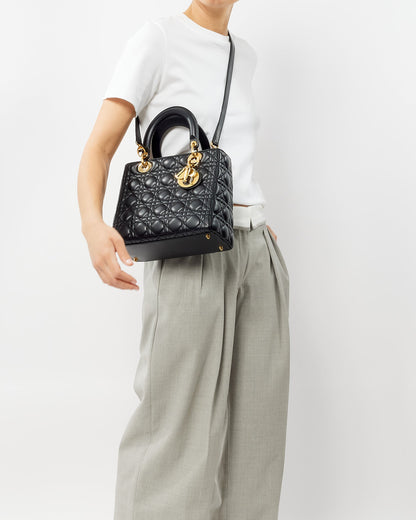 Dior Black Lambskin Leather GHW Medium Lady Dior Bag