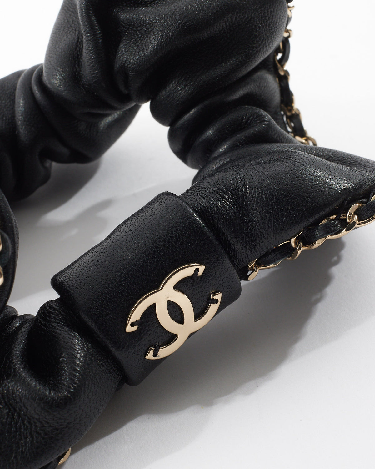 Chanel Black Leather & Chain CC Scrunchie