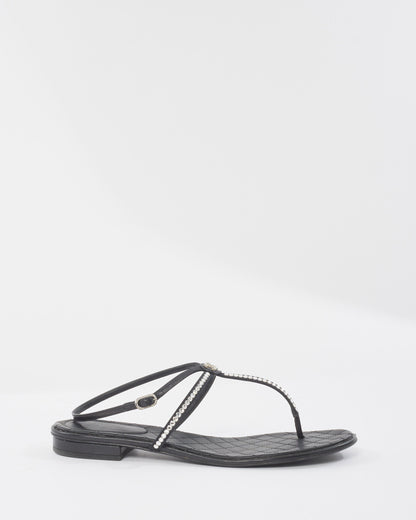 Chanel Black & Rhinestone Logo Thong Strappy Sandals - 40