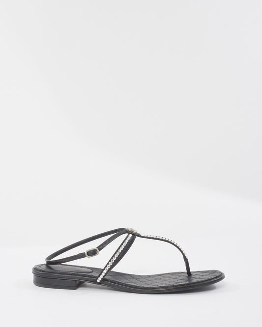 Chanel Black & Rhinestone Logo Thong Strappy Sandals - 40