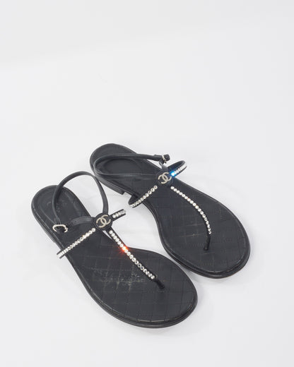 Chanel Black & Rhinestone Logo Thong Strappy Sandals - 40