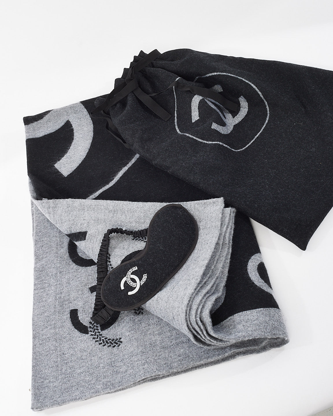 Chanel Black & Grey Logo Wool Blanket