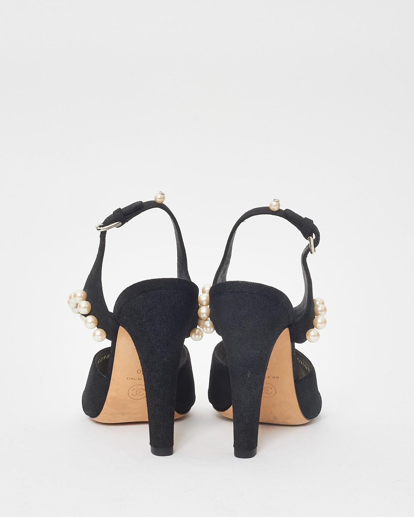 Chanel Black Fabric & Pearl Strappy Heel Sandals - 40