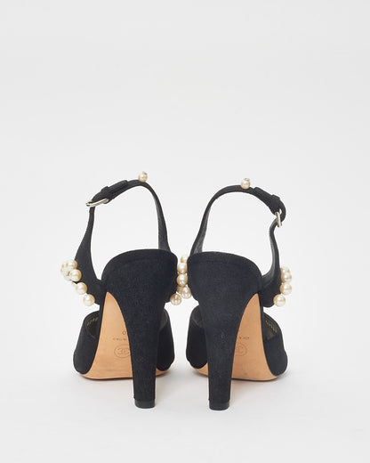 Chanel Black Fabric & Pearl Strappy Heel Sandals - 40