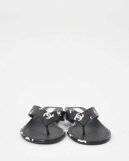 Chanel Black & White Logo Leather 22S Flip Flop Sandals - 42