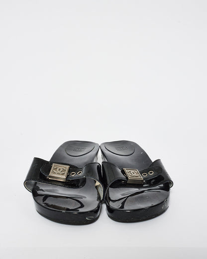 Chanel Black PVC 2004 Interlocking CC Logo Block Heel Sandals - 37