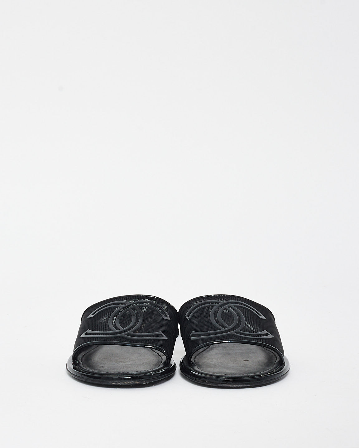 Chanel Black Mesh & Patent Leather Logo Slides - 36C