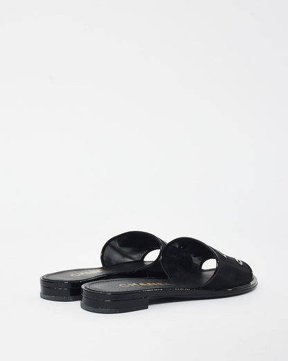 Chanel Black Mesh & Patent Leather Logo Slides - 36C