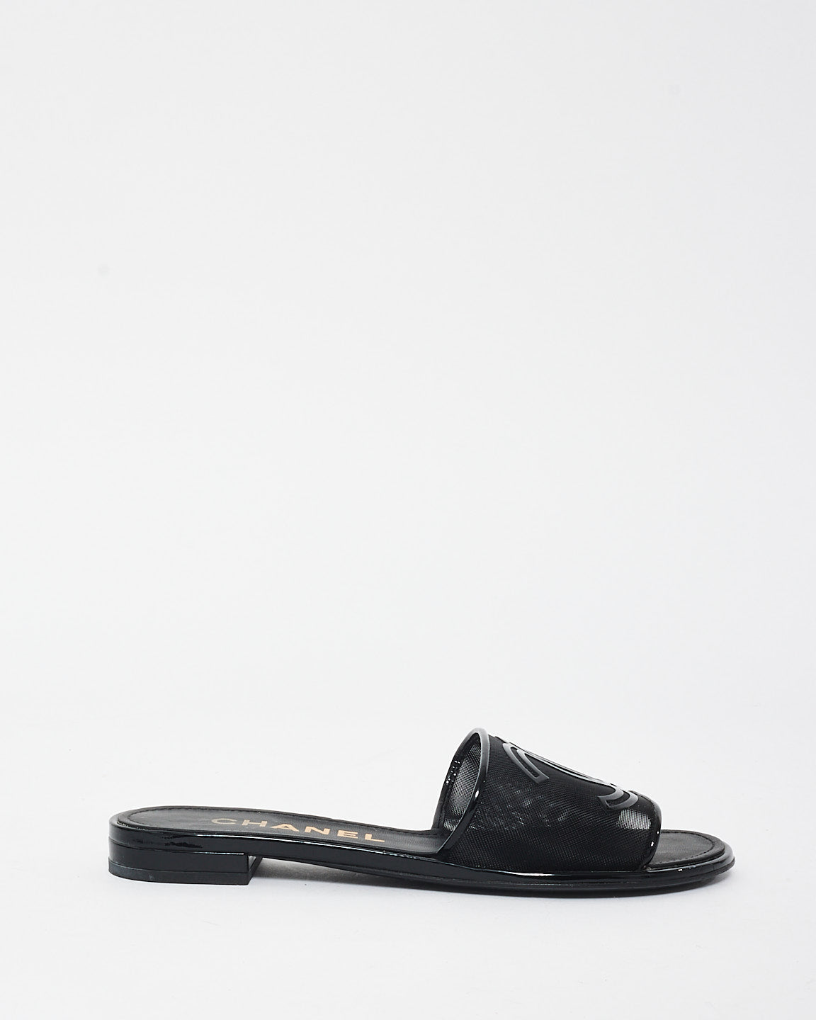 Chanel Black Mesh & Patent Leather Logo Slides - 36C