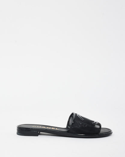 Chanel Black Mesh & Patent Leather Logo Slides - 36C