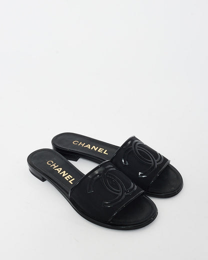 Chanel Black Mesh & Patent Leather Logo Slides - 36C
