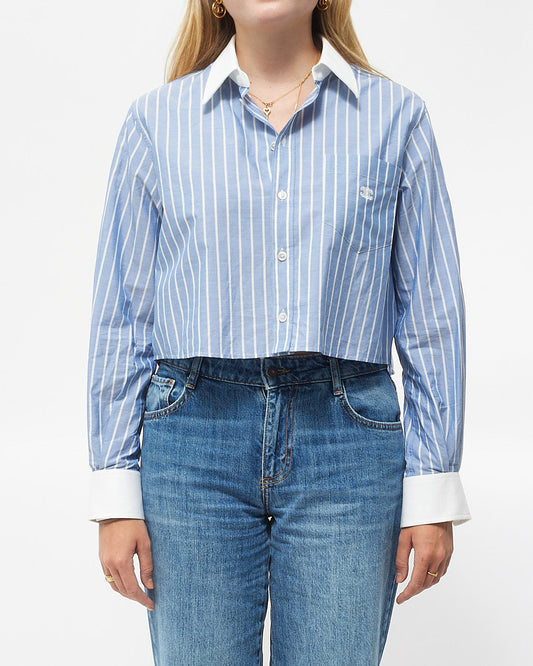 Celine Blue & White Striped Cotton Logo Cropped Button Down Shirt - 34