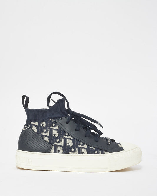 Dior Navy Blue & White Oblique Knit High Top Walk'N'Dior Sneakers - 36.5