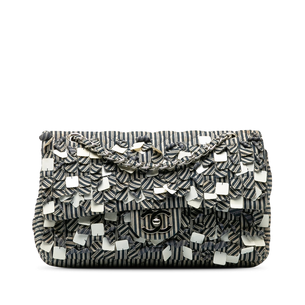 CHANEL Medium Cotton Striped Double Flap Shoulder Bag