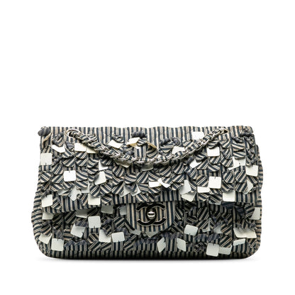 CHANEL Medium Cotton Striped Double Flap Shoulder Bag