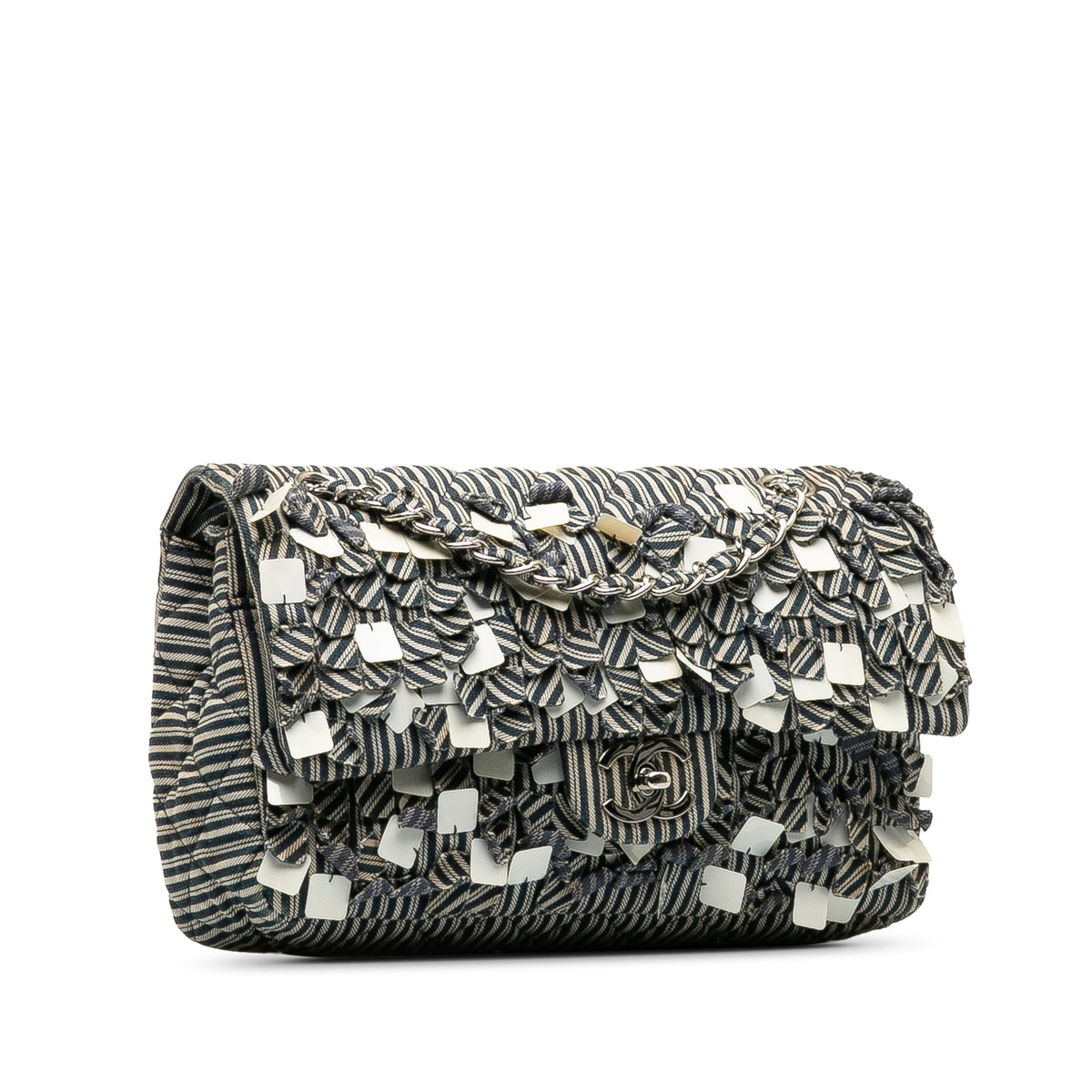 CHANEL Medium Cotton Striped Double Flap Shoulder Bag