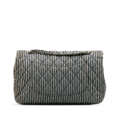 CHANEL Medium Cotton Striped Double Flap Shoulder Bag