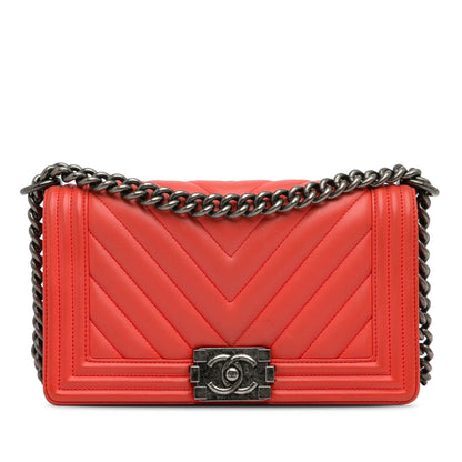 Red Chanel Medium Calfskin Chevron Boy Flap Crossbody Bag