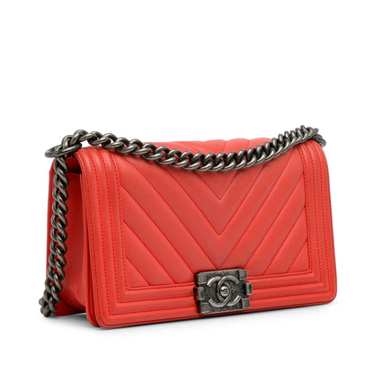 Red Chanel Medium Calfskin Chevron Boy Flap Crossbody Bag