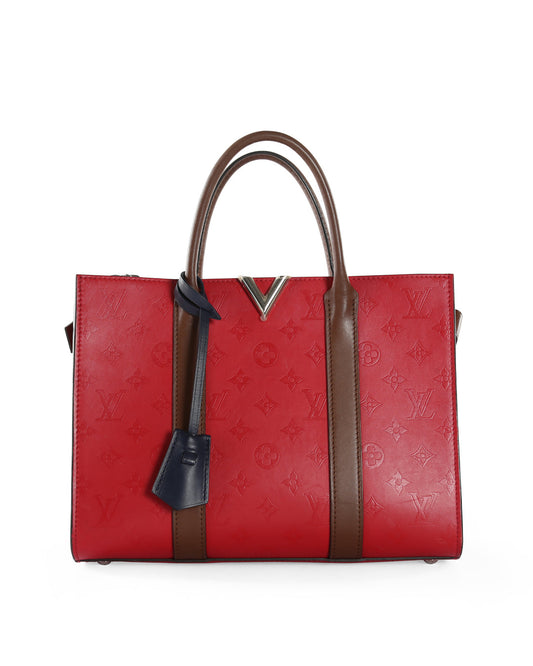 LOUIS VUITTON Red & Brown Monogram Cuir Plume Leather Very Tote MM Bag