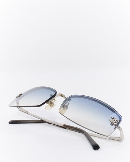 Chanel Vintage Silver Metal Blue Lense Crystal CC Sunglasses