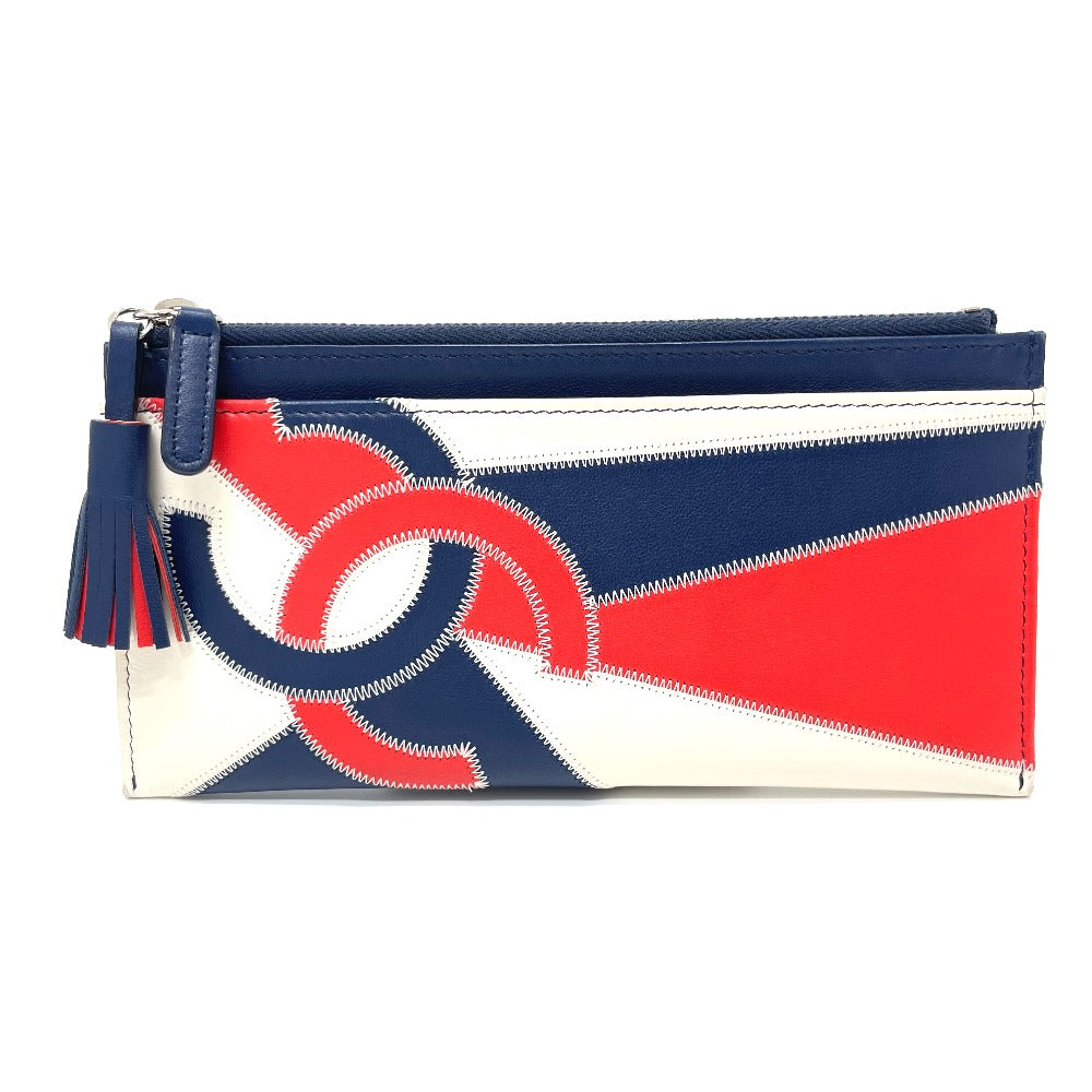 CHANEL Card Case lambskin Blue x white x red CC COCO Mark fringe Women Used