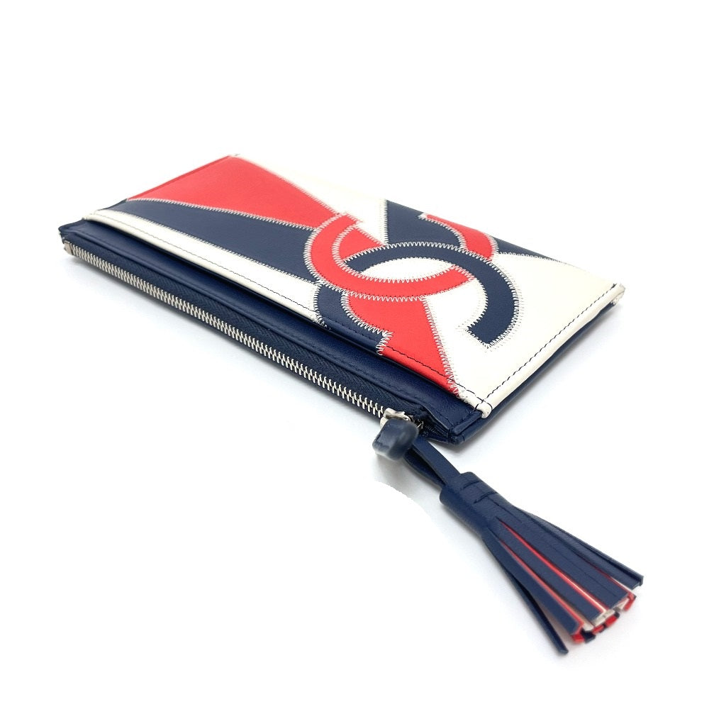CHANEL Card Case lambskin Blue x white x red CC COCO Mark fringe Women Used