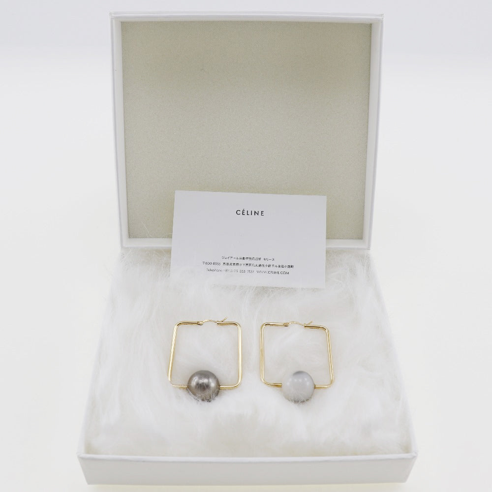 CELINE Pierce Plated Gold, Faux Pearl gold square hoop Women Used