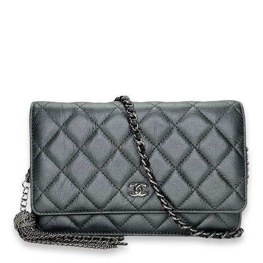 Classic Grey Wallet on Chain in Calfskin, Gunmetal hardware