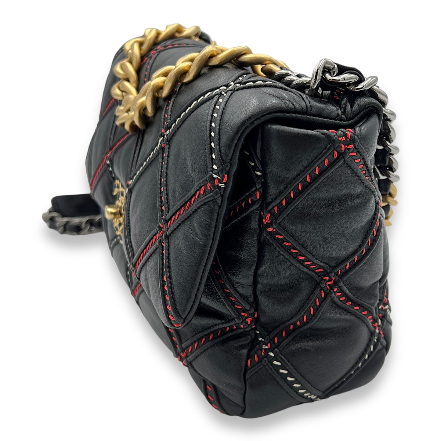19 Flap Large Black Shoulder Bag in Lambskin, Gold hardware