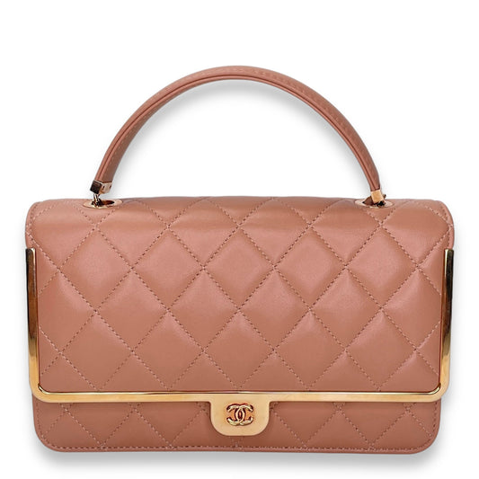 Quilted Frame Pink Wallet on Chain in Lambskin, Rose Gold hardware