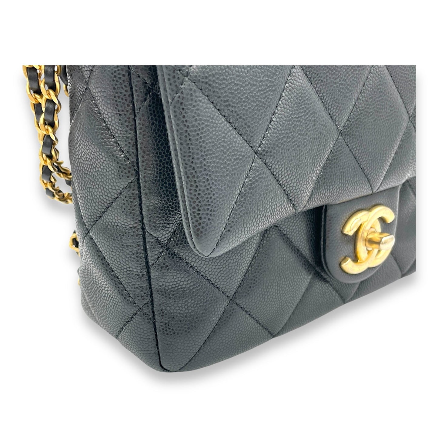 Square Quilt Black Crossbody Bag in Caviar Leather, Gold hardware