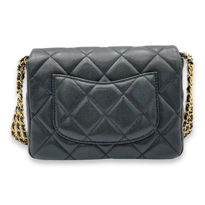 Square Quilt Black Crossbody Bag in Caviar Leather, Gold hardware