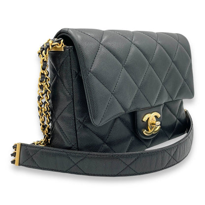 Square Quilt Black Crossbody Bag in Caviar Leather, Gold hardware