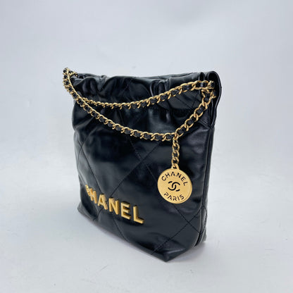 22 Mini Black Shoulder Bag in Calfskin, Gold hardware