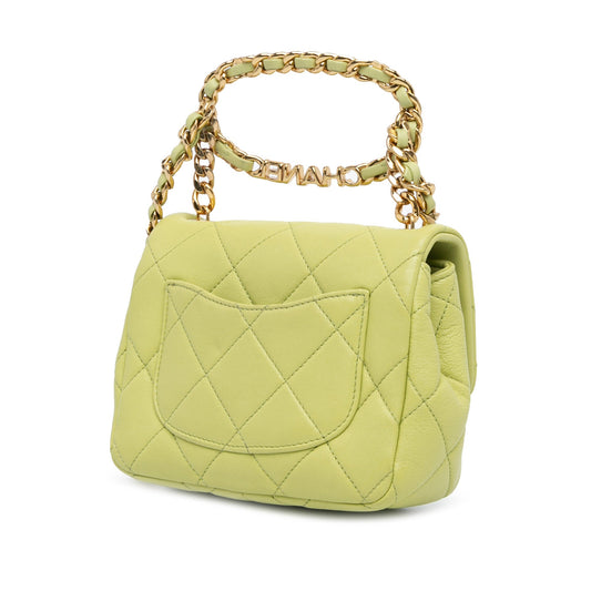 Green Chanel Mini Quilted Lambskin Oval Logo Chain Top Handle Flap Crossbody Bag