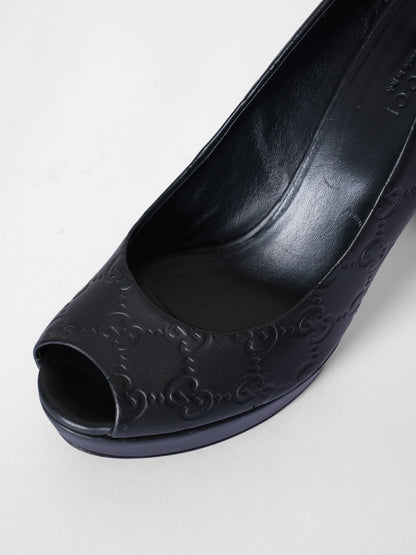 Gucci Black Guccissima Leather Peep Toe Form Pumps