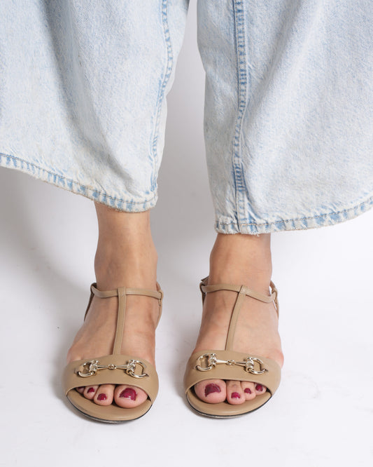 Gucci beige horsebit open toe sandals