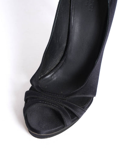 Gucci black satin With Silver Bamboo metal heel pumps