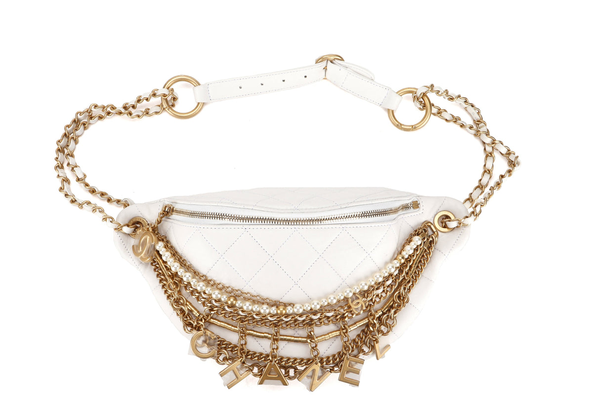 CHANEL ALL ABOUT CHAINS WAIST BAG (2817xxxx) WHITE QUILTED LAMBSKIN WITH GOLD CHAIN, WITH , DUST COVER & BOX