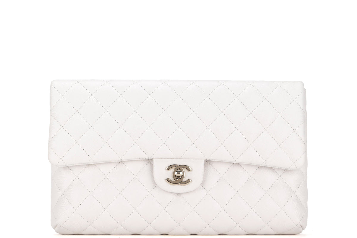 CHANEL FLAP CLUTH (2851xxxx) OFF WHITE QUILTED CAVIAR LEATHER WITH GOLD CHAIN, WITH , DUST COVER & BOX